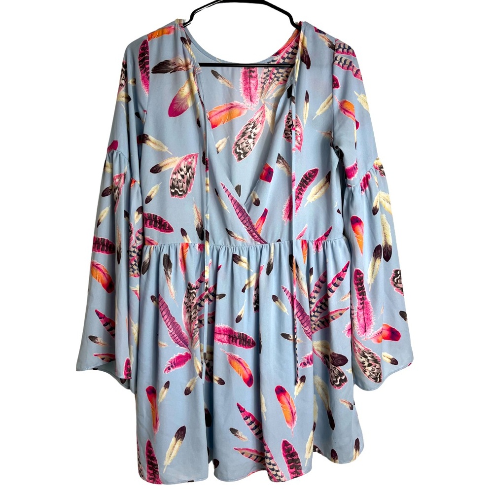 Buddy Love V Neck Feather Print Wide Sleeve Blue Tunic Babydoll Dress